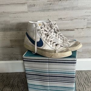 Nike Blazer White High-Top Sneakers with Blue Swoosh